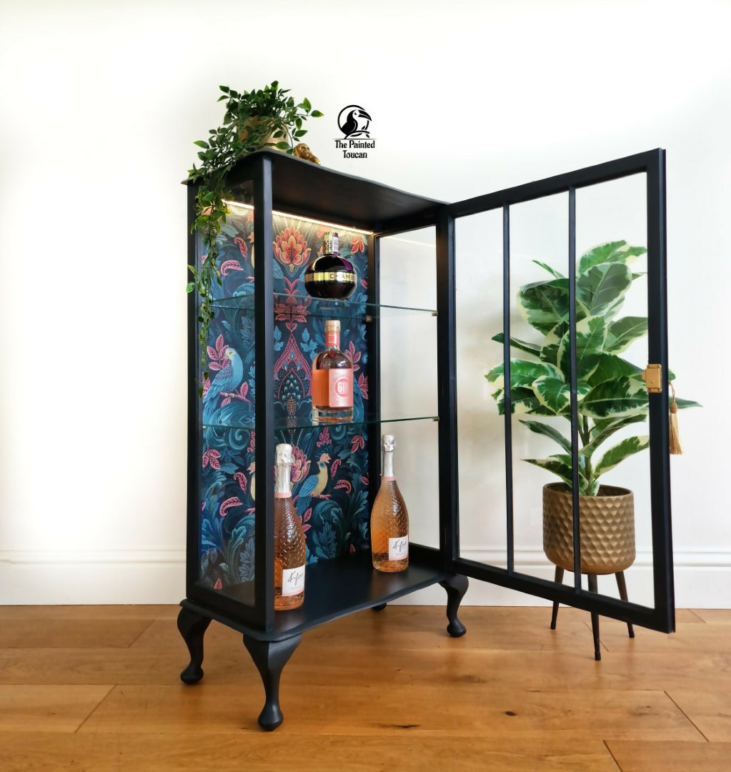 Upcycled Vintage Drinks Cabinet | Painted Dark Navy Tropical Decoupage Glazed Home Bar | Cocktail Cabinet