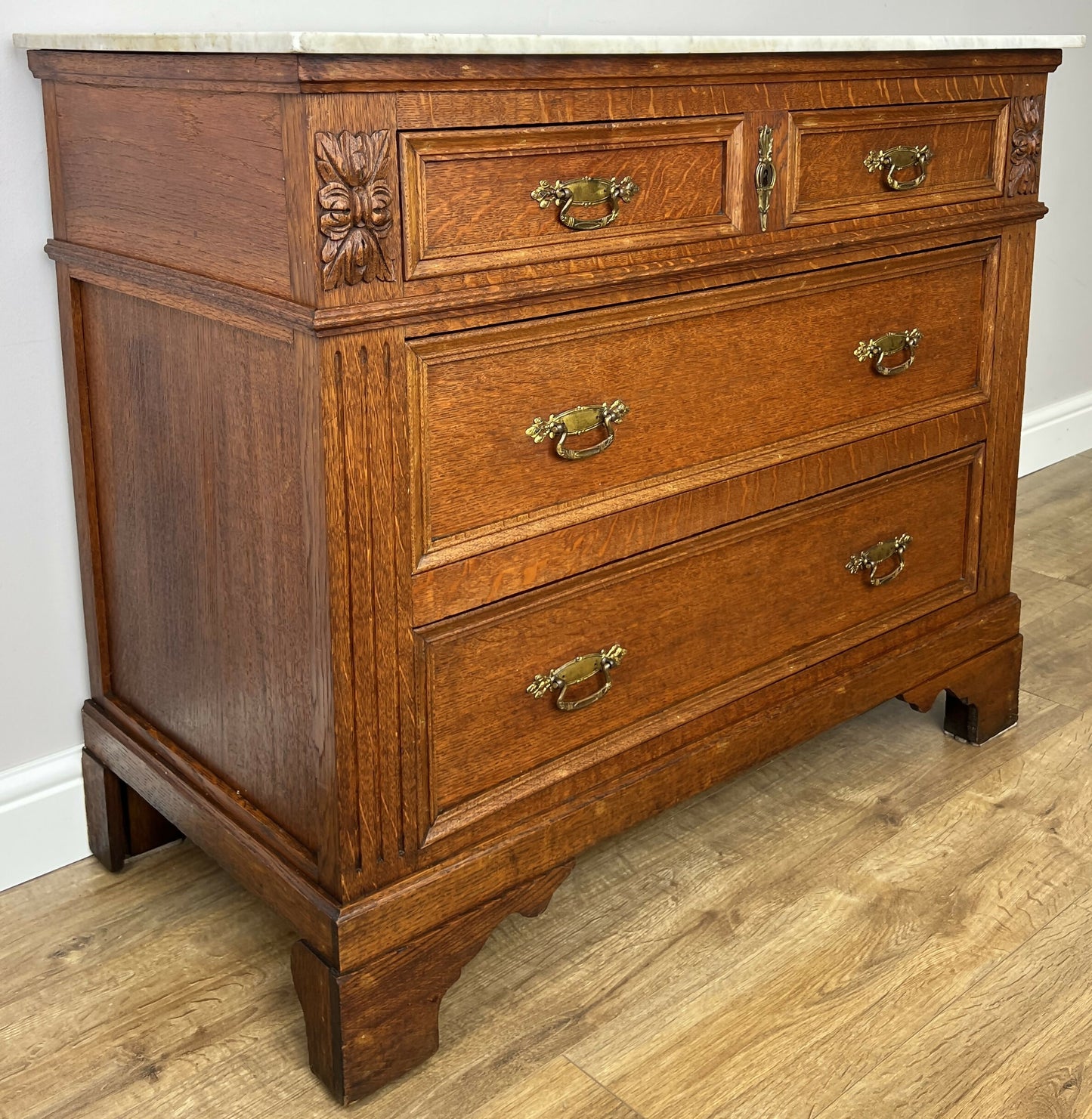 Chest of Drawers Antique French Oak Marble Top 4 Drawers Carved Cabinet LOT 6290