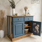 Vintage Solid Pine Blue Painted Sideboard, Hallway Cabinet with Stripe Detail and Floral Interior