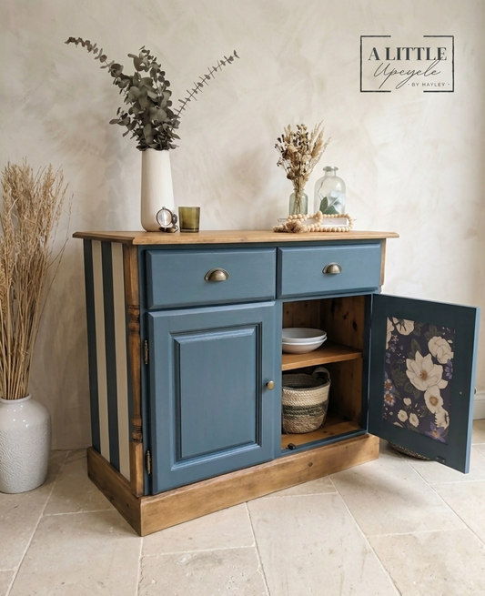 Vintage Solid Pine Blue Painted Sideboard, Hallway Cabinet with Stripe Detail and Floral Interior