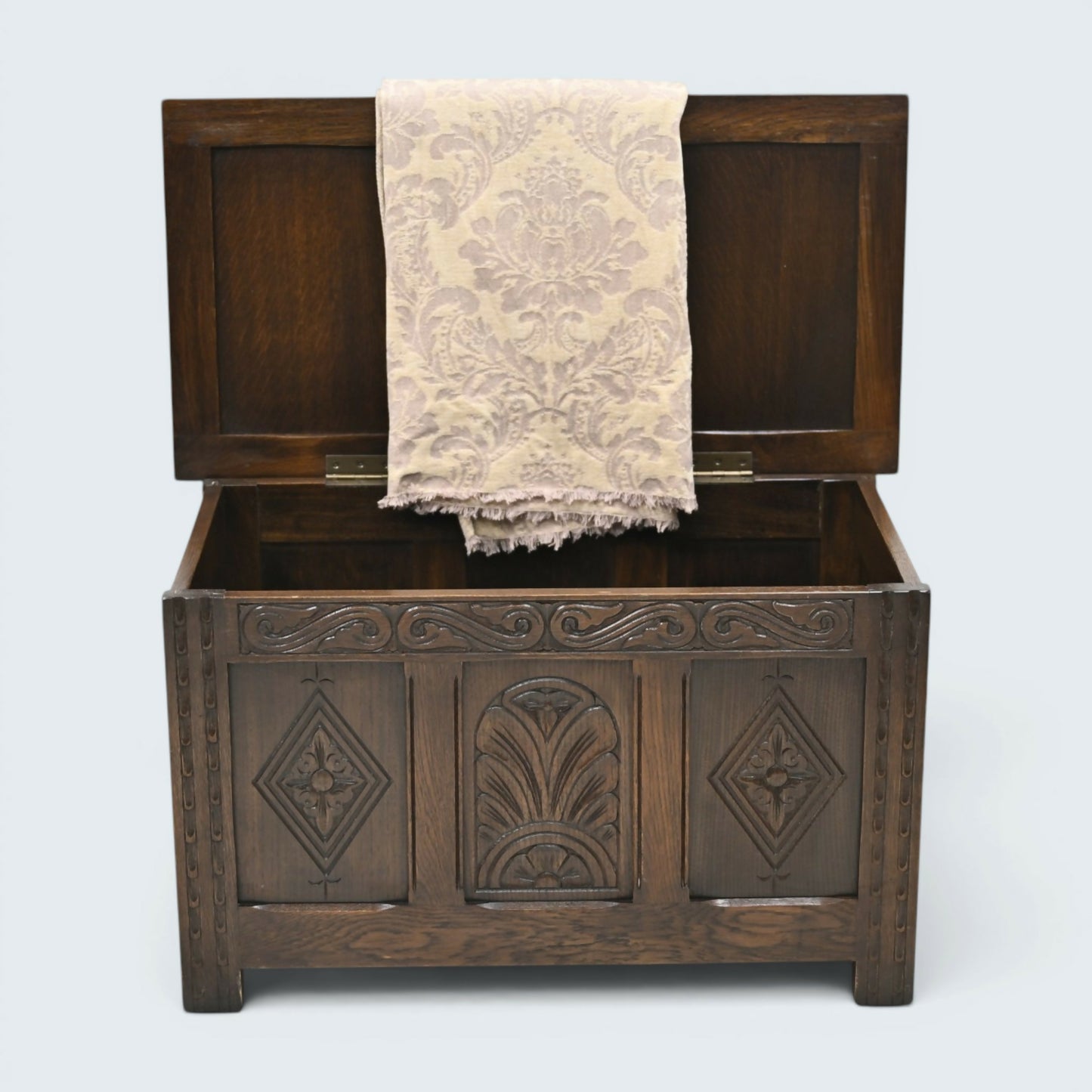 Oak Blanket Box / Coffee Table Carved Front Traditional Finish FREE UK Delivery