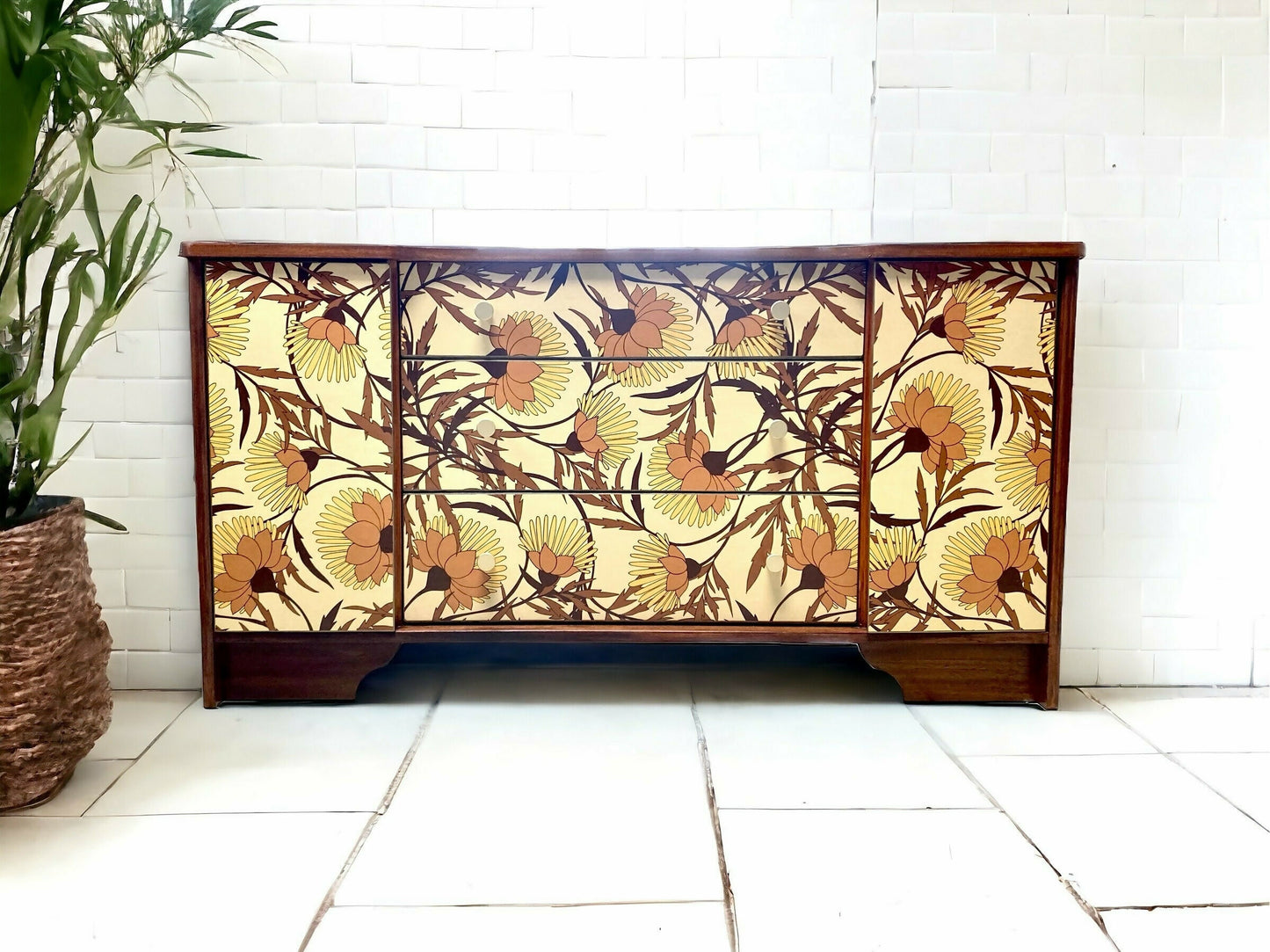 Upcycled Vintage Mid Century Sideboard, Tv Unit , 1970's Floral Print , Living Room, Dining Room Storage.