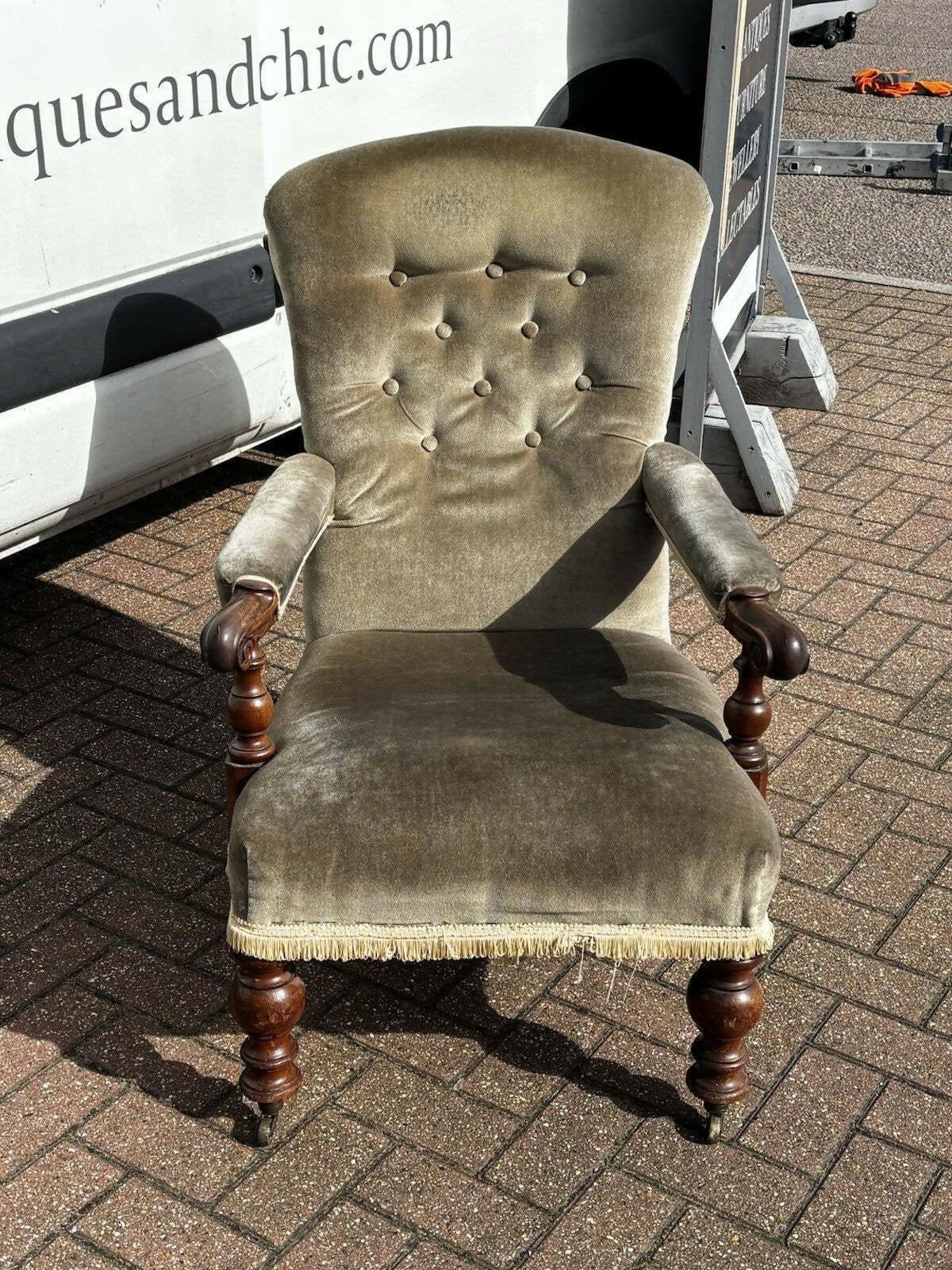 William IV Library Vintage Armchair With Mahogany Frame, On Brass Castors.