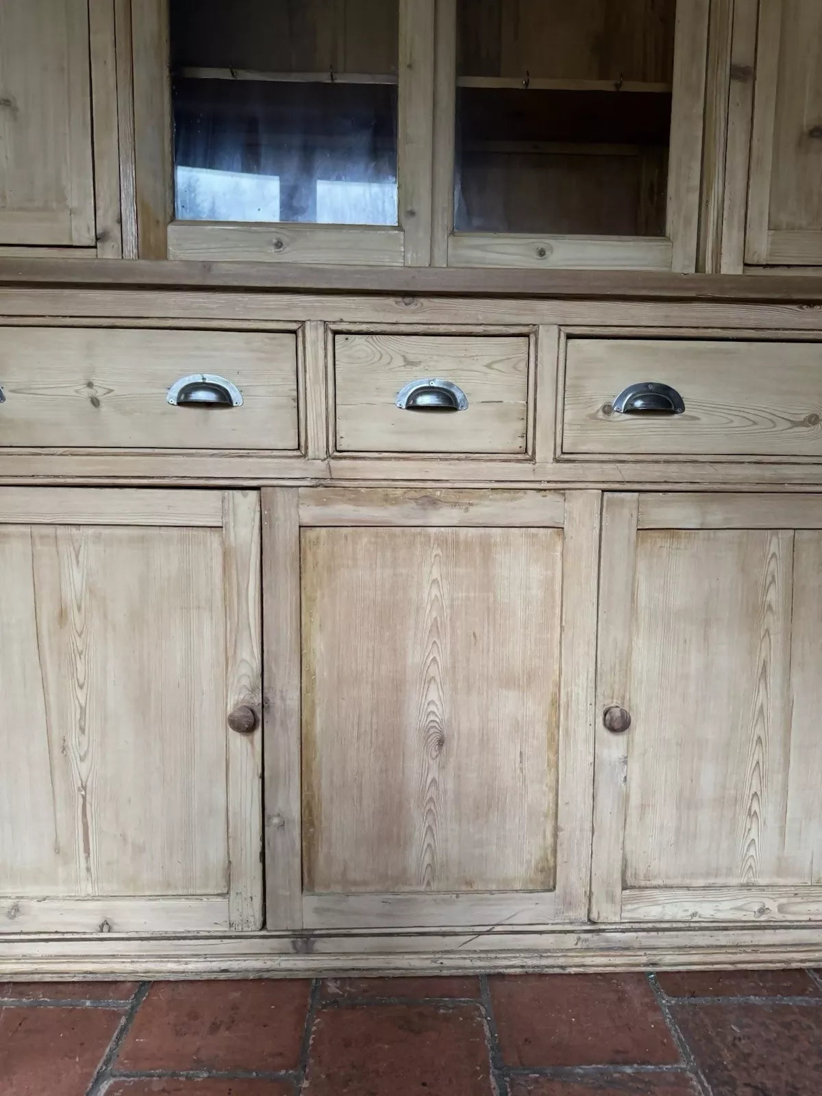 Rustic Antique Victorian Stripped Pitch Pine Cupboard Glazed Dresser Server