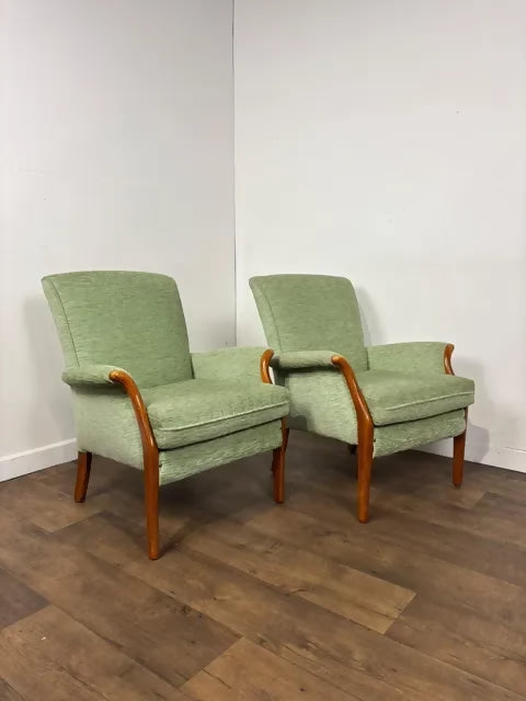 Vintage Pair of Parker Knoll Light Green Upholstered Armchairs – Model PK 749-1014