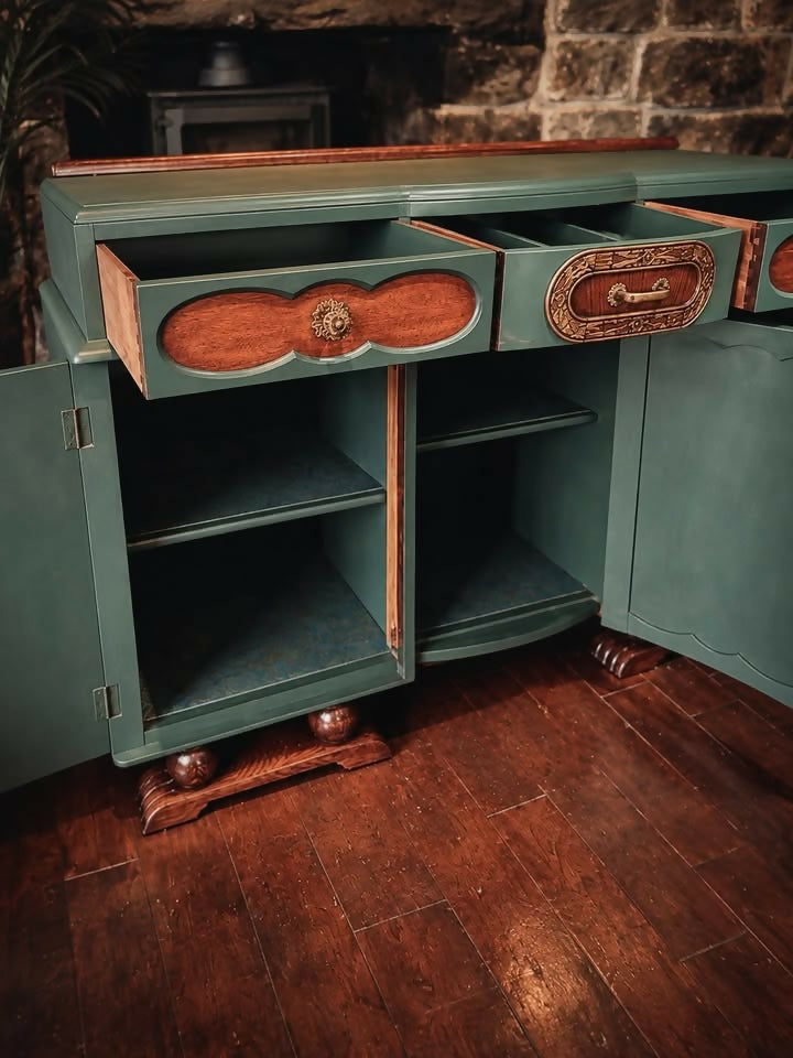 Vintage Art Deco Sideboard - Green & Original Wood