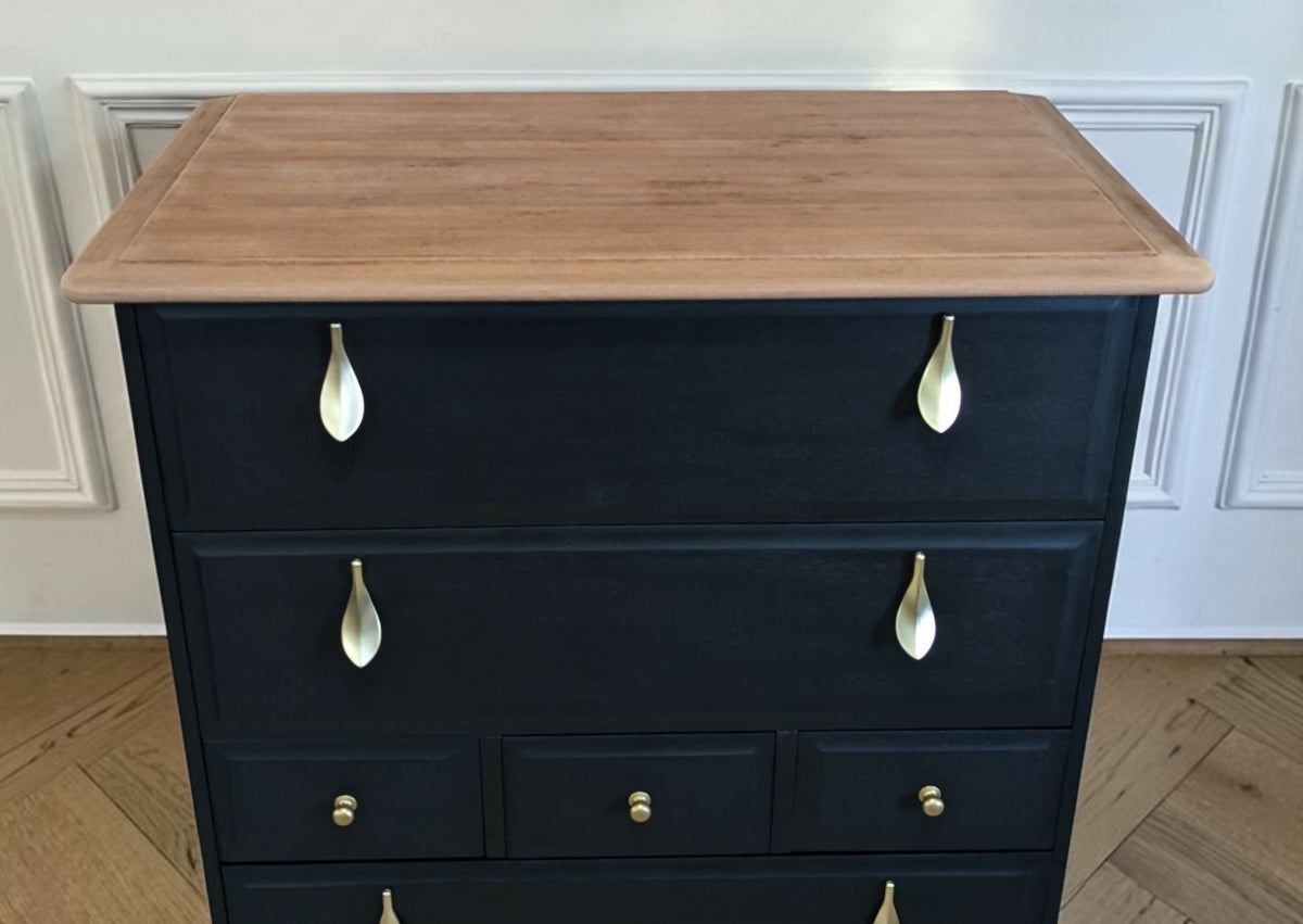 Stag minstrel black chest of drawers vintage tallboy with exposed wood top