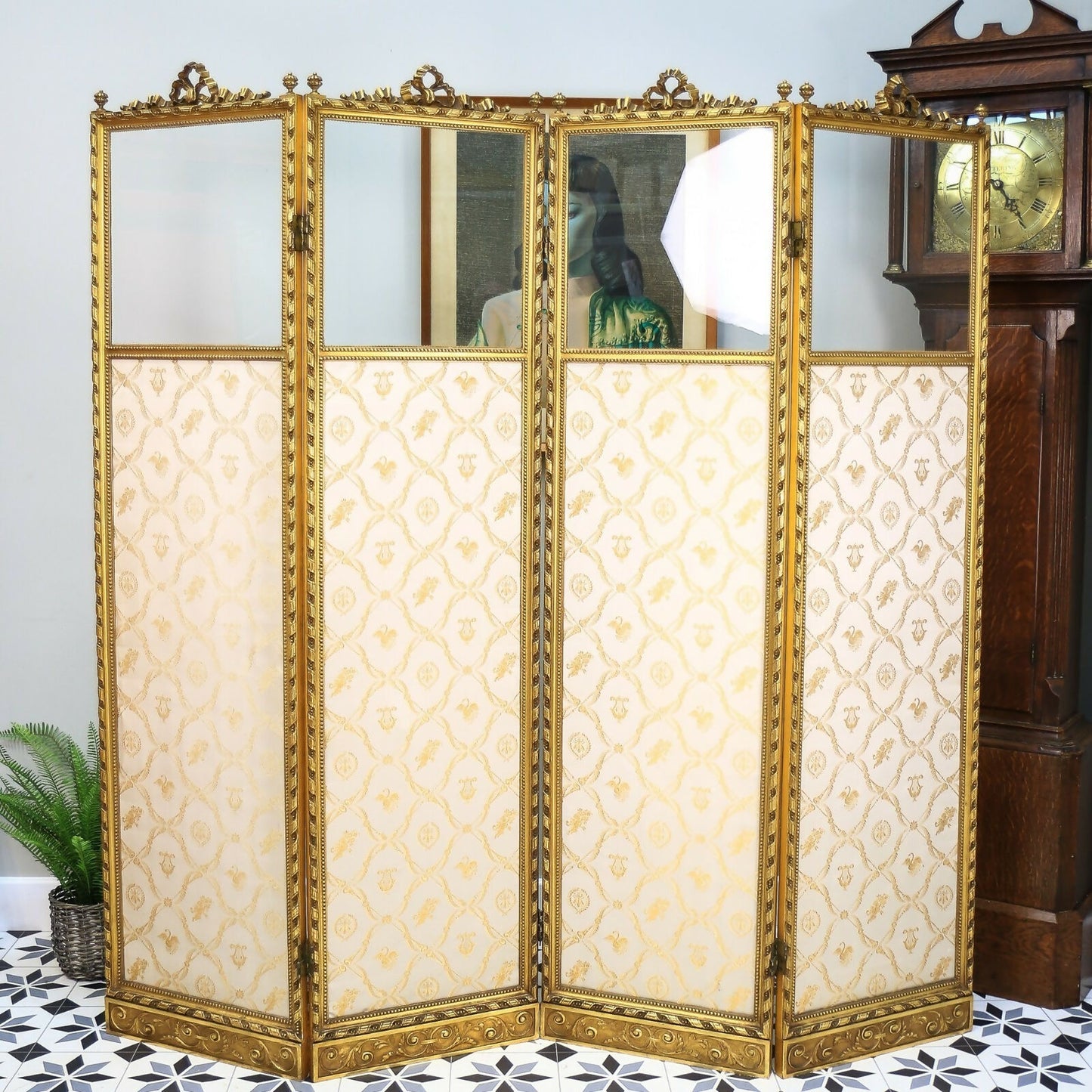 Folding Screen Room Divider Gilt Wood French Empire Style Paravent Silk and Glas