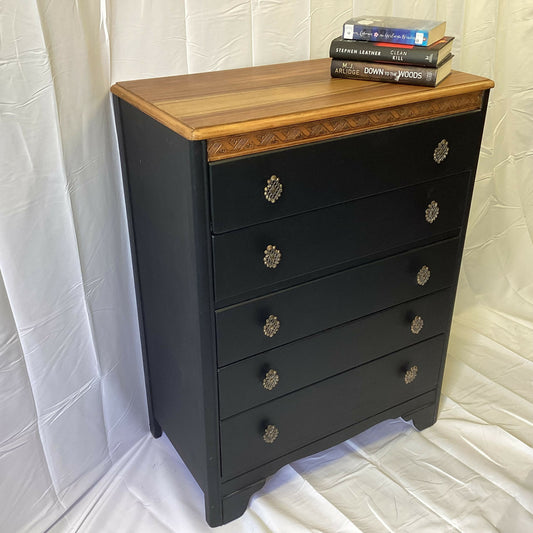 Charming Harris Lebus 5 Drawer Chest With Brass Handles and Carved Detail. £255