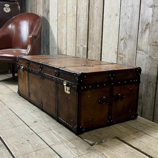 English storage trunk - hand dyed bespoke leather - custom coffee table