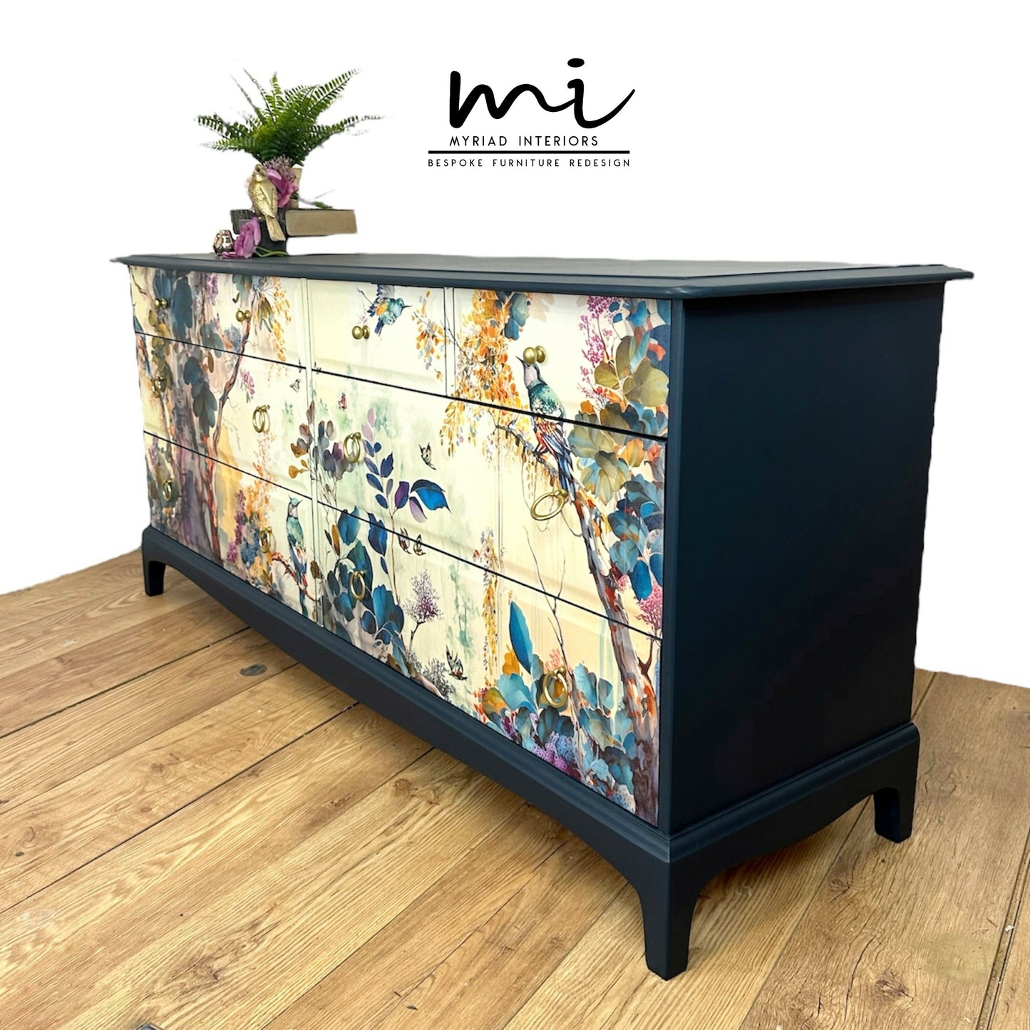 MADE TO ORDER Refurbished vintage Stag Minstrel large captains chest of drawers, navy blue, floral bird design, dresser, large sideboard mid century, teal