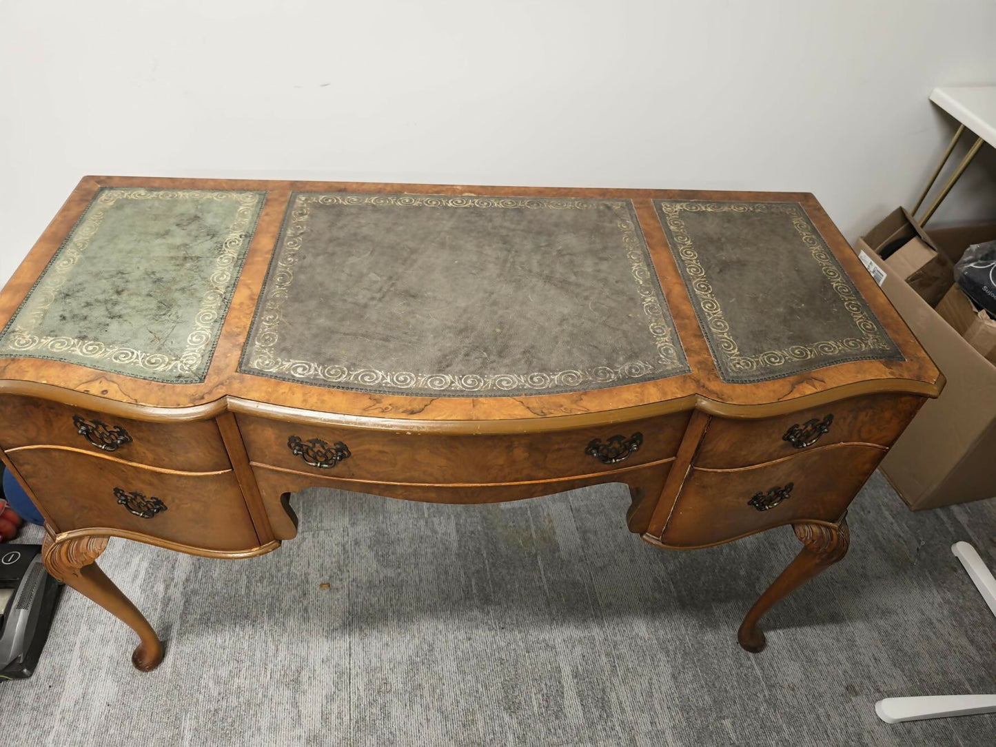 Vintage Cameo by Sklan Burr Walnut Writing Desk / Dressing Table with Leather Inlay & Cabriole Legs