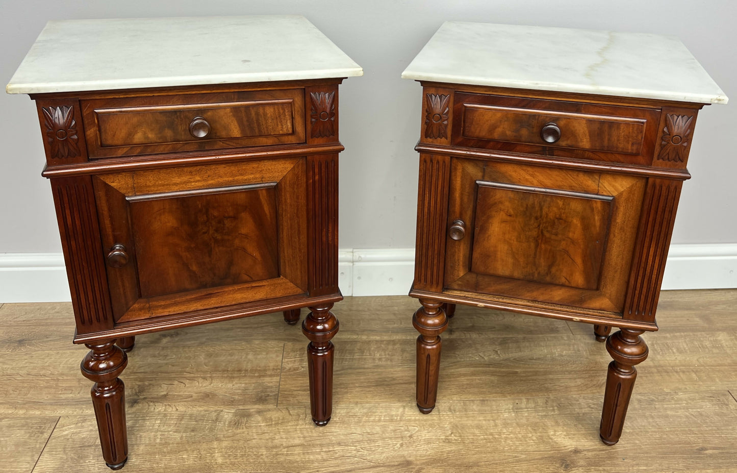 Pair of Bedside Tables Antique Walnut Marble Top Nightstands Cabinets LOT 6223