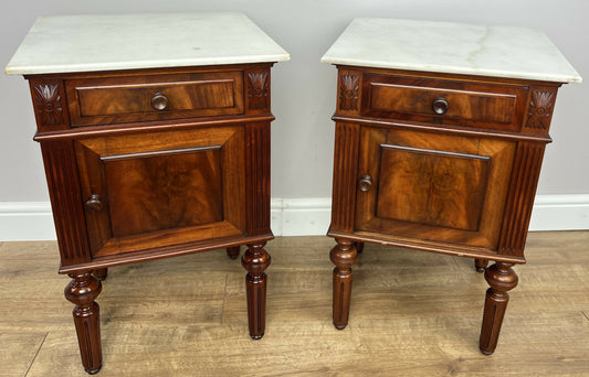 Pair of Bedside Tables Antique Walnut Marble Top Nightstands Cabinets LOT 6223