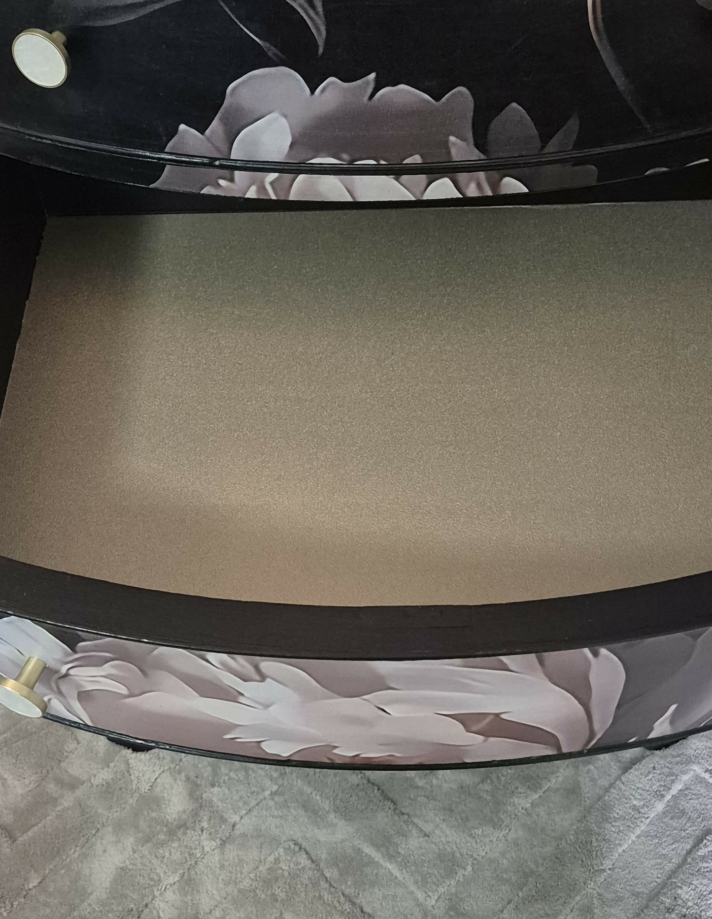 Opaline Bloom – Dark Luxe Bow-Front Vintage Chest of Drawers, Black Floral Decoupage, Gold & Pearl Handles