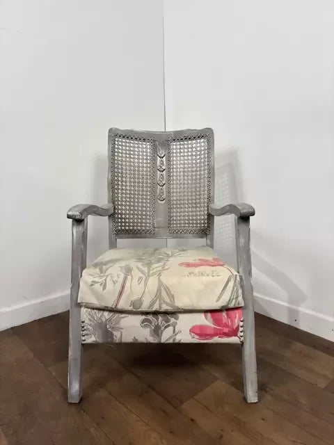 Vintage Painted Grey Cane Back Armchair / Bedroom Chair