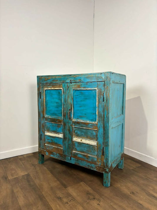 Vintage Indian Reclaimed Wooden Blue Rustic Cupboard