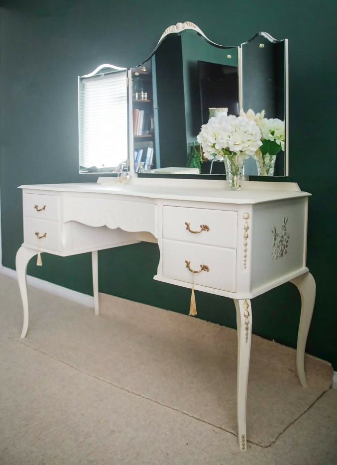 Upcycled French style vintage Cream Dressing Table, vanity with large triple mirror and gold details,