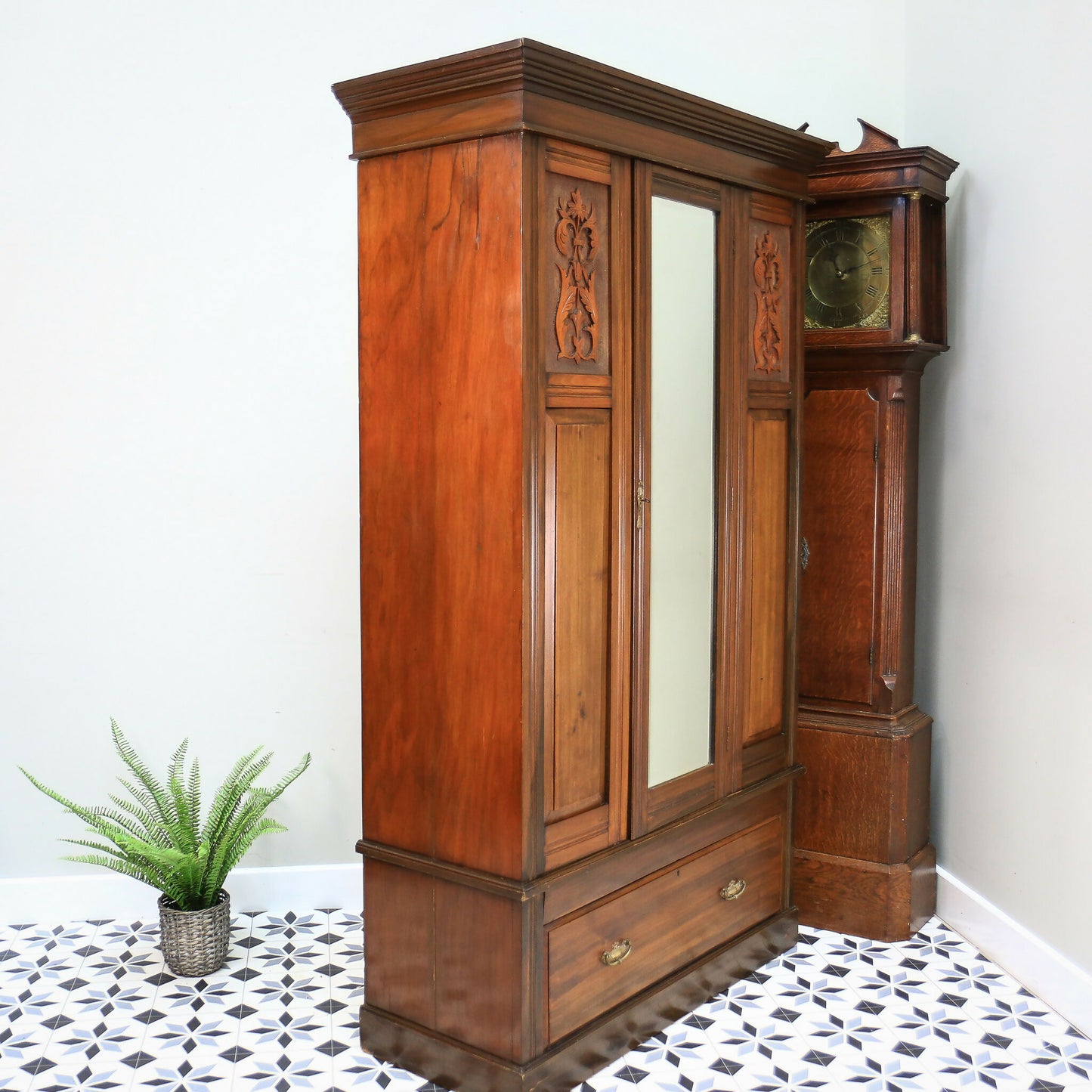 Edwardian Red Walnut Carved Wardrobe With Mirror and Drawer