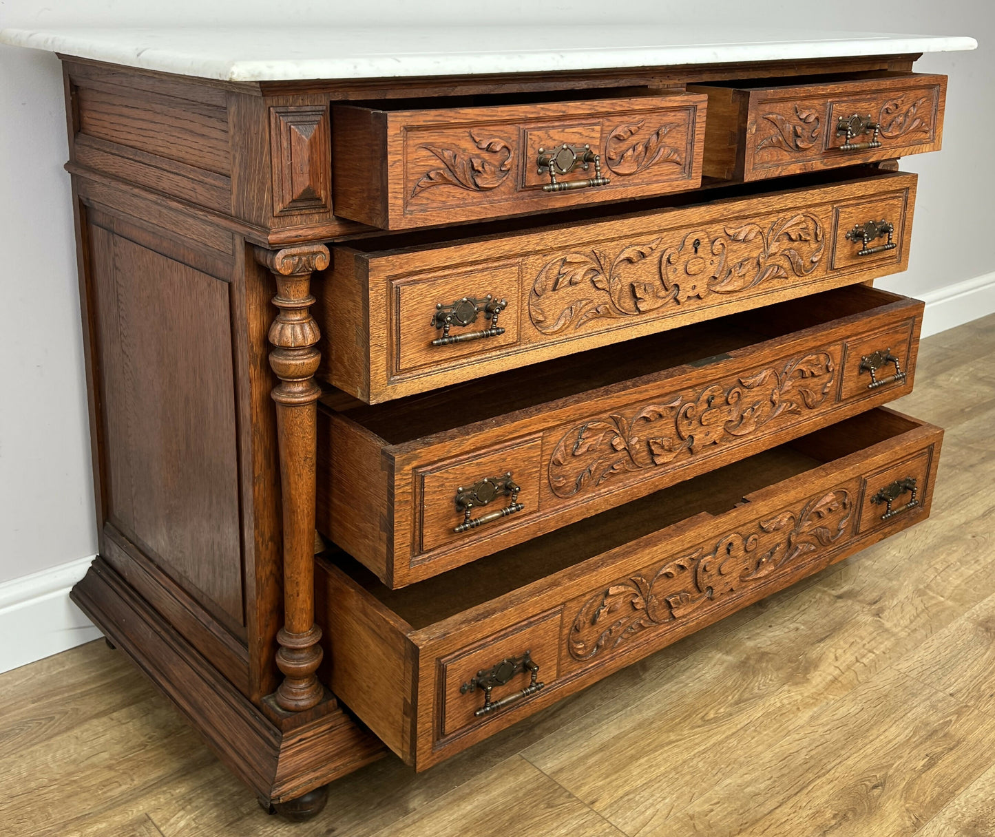 Chest of Drawers Antique French Style Oak Marble Top Carved Cabinet LOT 6450