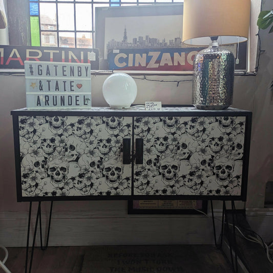G plan Sideboard Drinks Cocktail Cabinet Black And White Skull Print Painted Upcycled Furniture Commission Piece