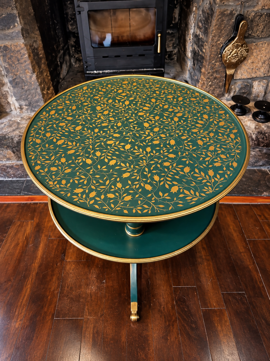 Vintage Two Tier Revolving Dumb Waiter Round Side Table In Green & Gold