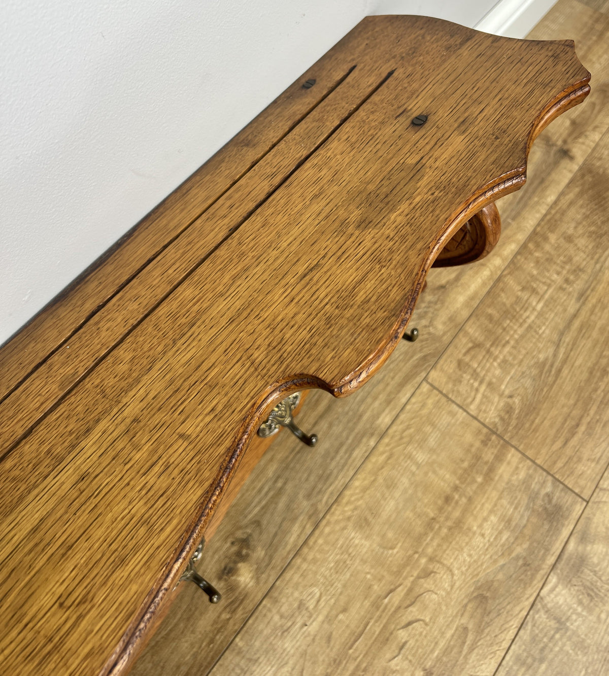 Coat Rack Vintage French Oak 7 Brass Hooks Wall Shelf Coat Hanger LOT 6553