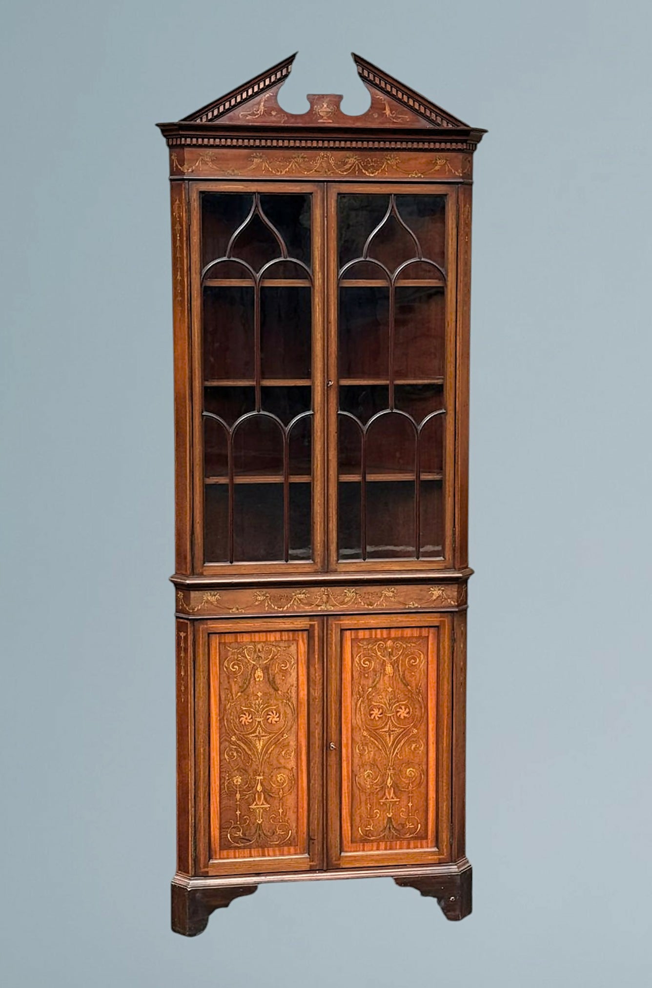 An Edwardian Mahogany, Satinwood and Marquetry Inlaid Corner Cabinet