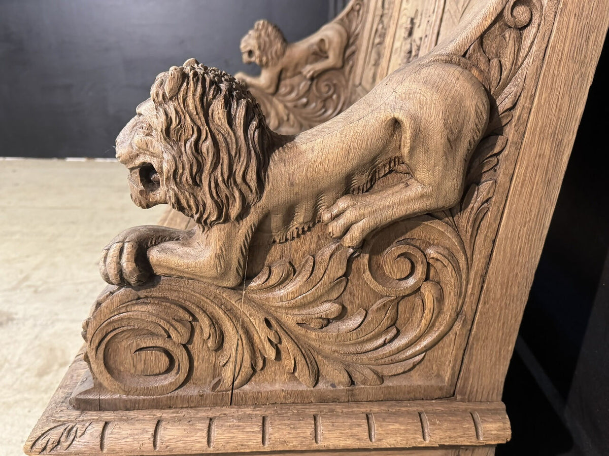 French Carved Oak Tavern Scene Bench