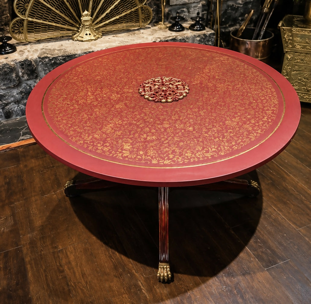 Mughal-Inspired Crimson Red & Gold Round Statement Eastern Coffee Table