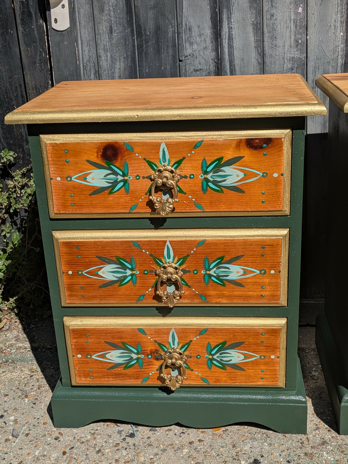 Pair of matching bedside drawers cabinets green gold