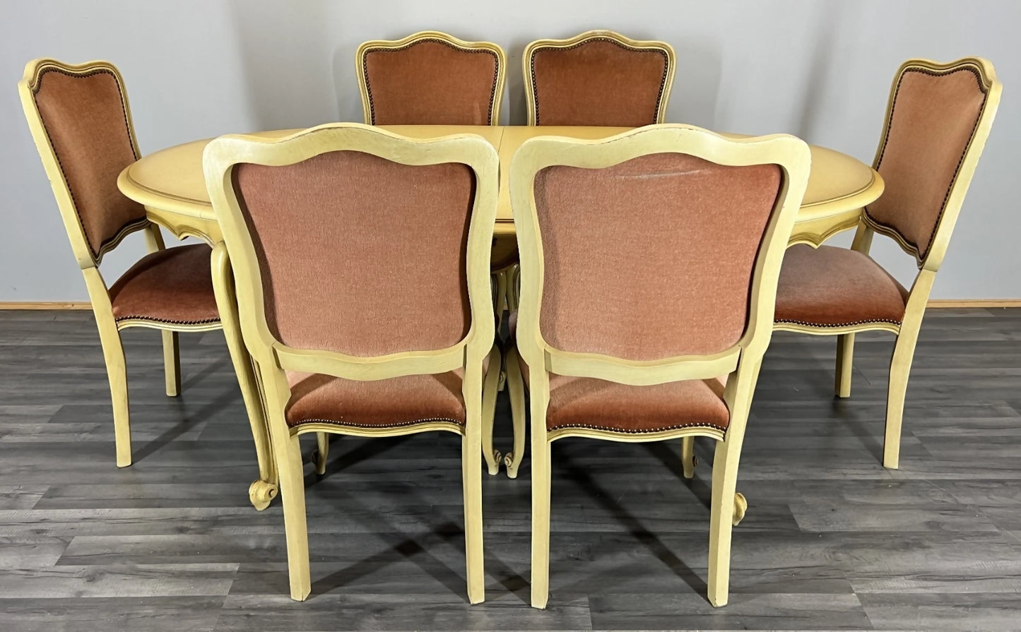 Vintage French Louis XVI Dining Table Set | Shabby Chic Oak Furniture | Includes 6 Upholstered Chairs Carved Detail LOT 4404