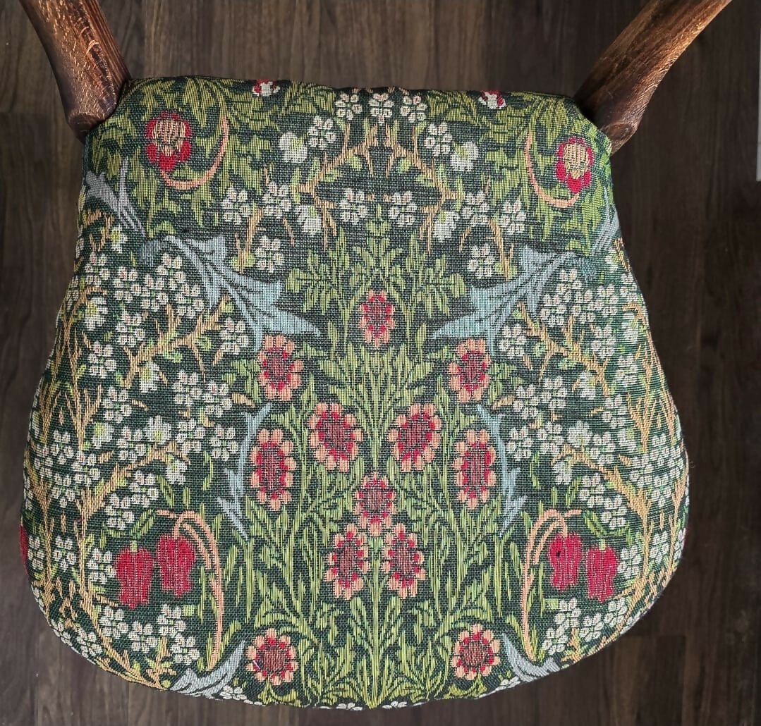 Beautiful Pair Of Victorian Oak Chairs Reupholstered Seats in a William Morris 'Blackthorne' Tapestry Fabric'