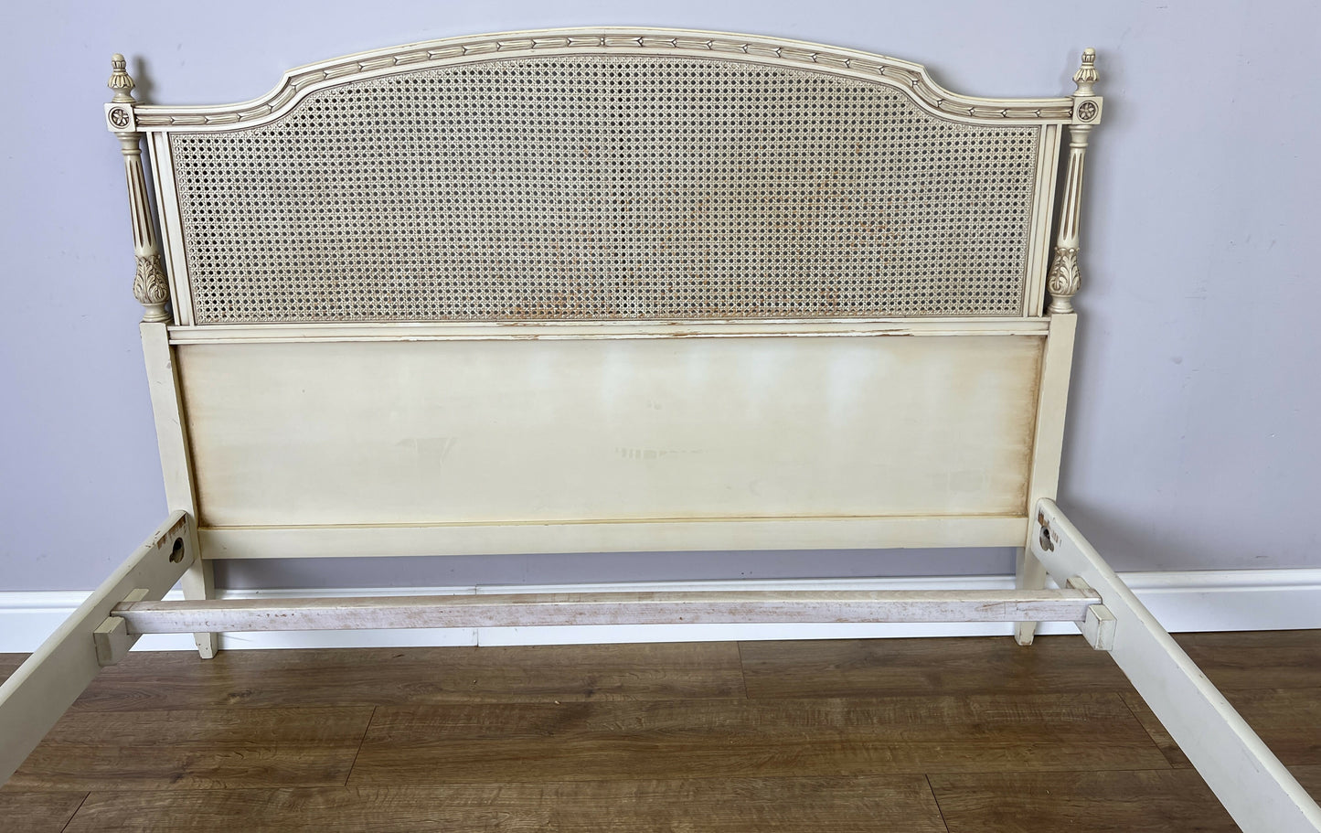 Bed Vintage French King Size Bed Frame Cane Panel Carved Headboard LOT 6410