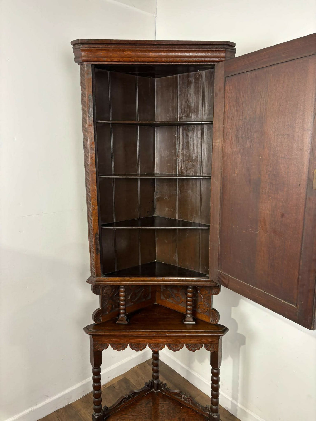 Antique Heavily Carved Oak Corner Cabinet