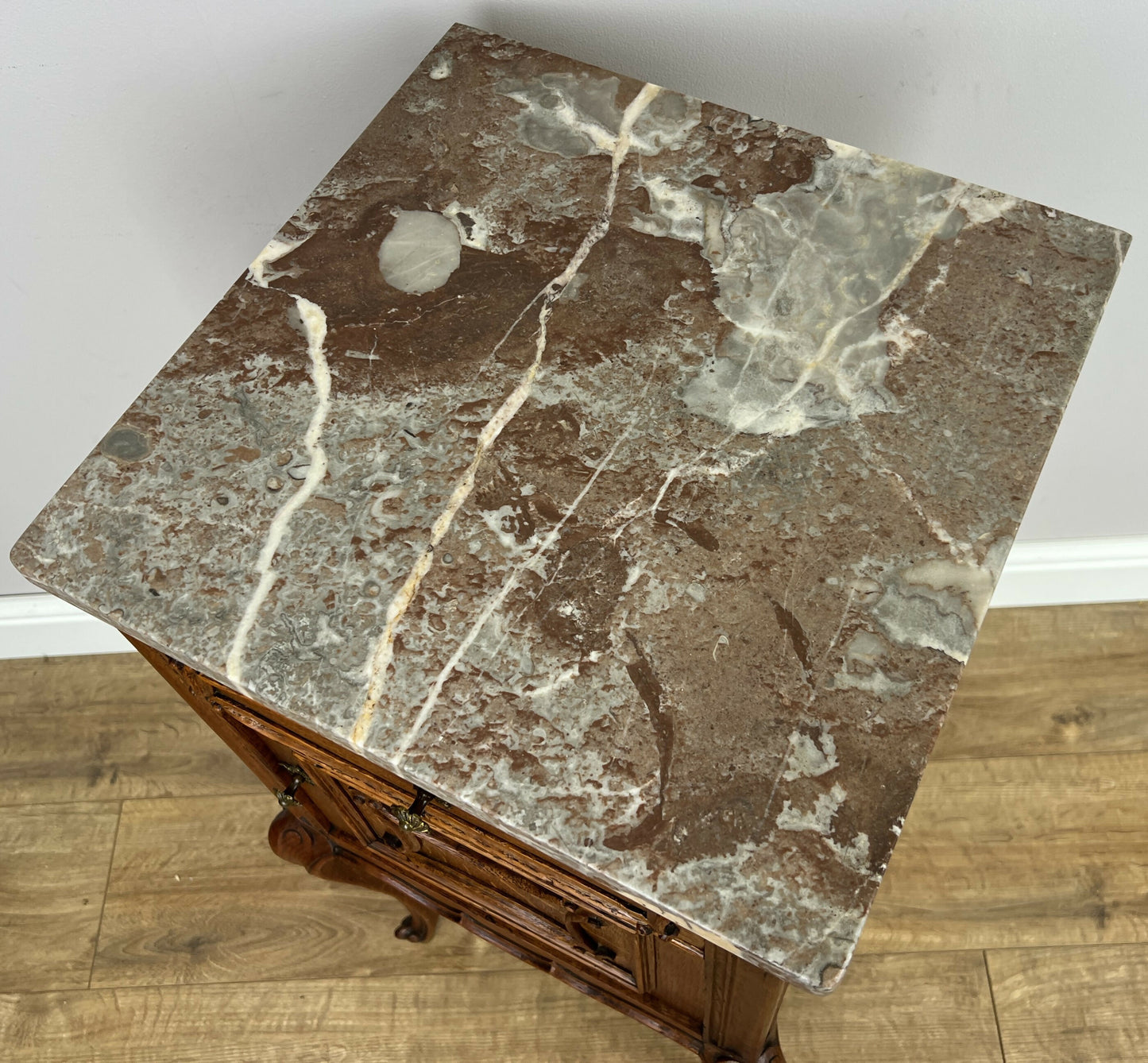 Bedside Table Antique French Marble Top Oak Cabinet Carved Cupboard LOT 6394