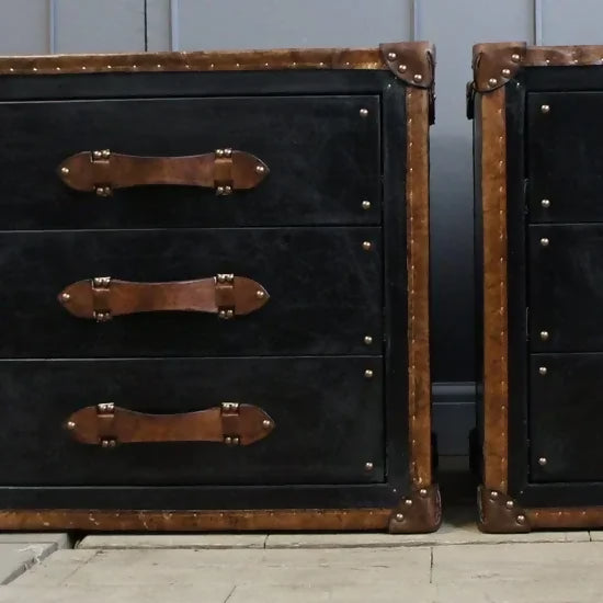 Black Leather & Tan Leather Bedside Drawers