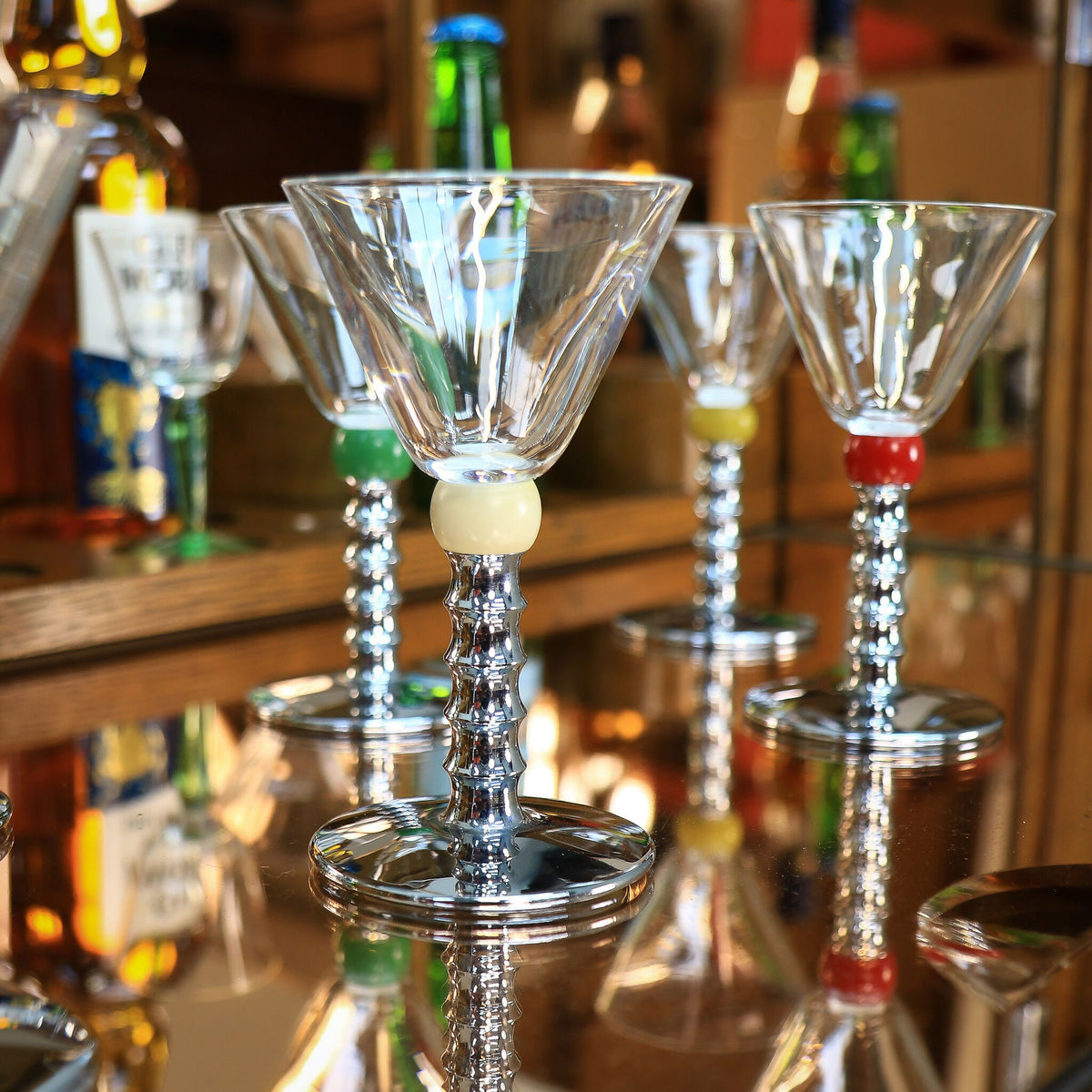 Six Art Deco Cocktail Martini Glasses on Chrome Stems with Coloured Accent Ball