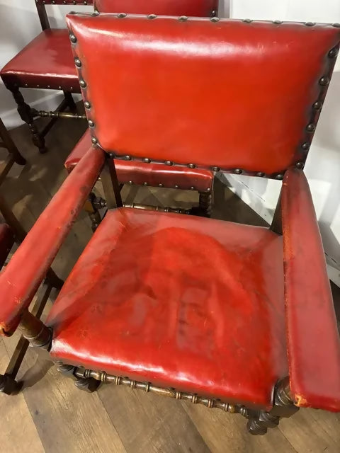 Vintage Set of Six Oak Framed Red Leather Dining Chairs