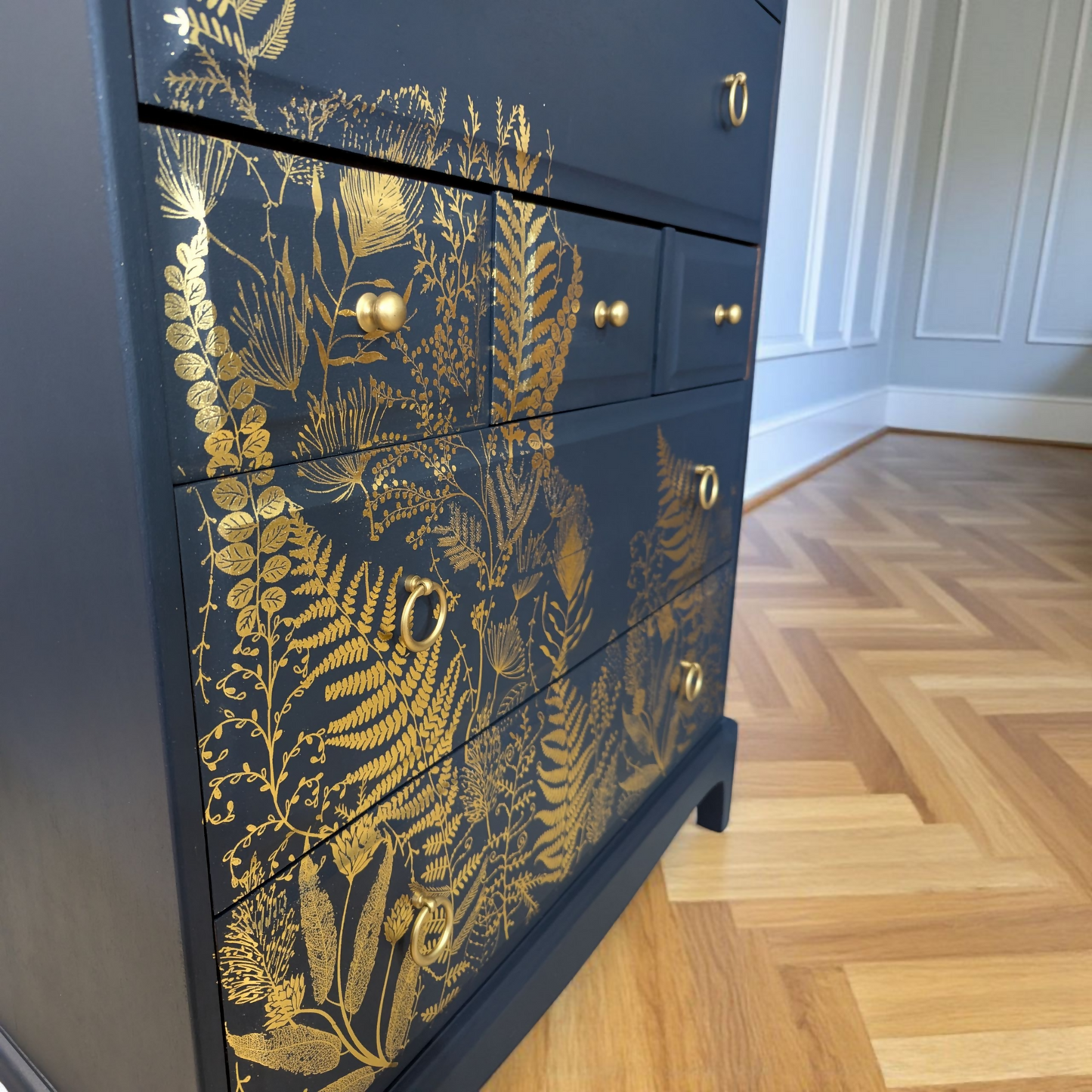 Vintage Stag minstrel 7 drawers tallboy, navy blue chest of drawers mid century modern dresser