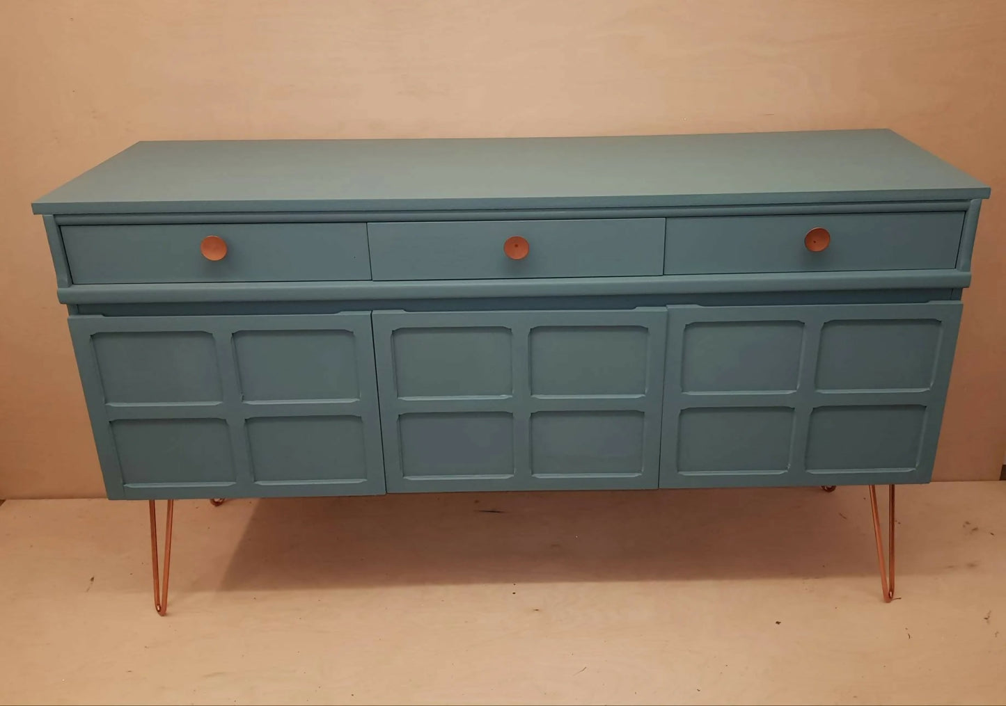 Painted Upcycled Teak Nathan Midcentury Sideboard. Grey Blue and Copper. Copper Pin Legs. Commission piece.