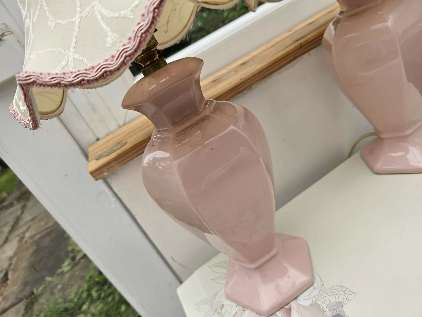 Vintage St Michael hexagonal ceramic ginger jar table lamps in pastel pink