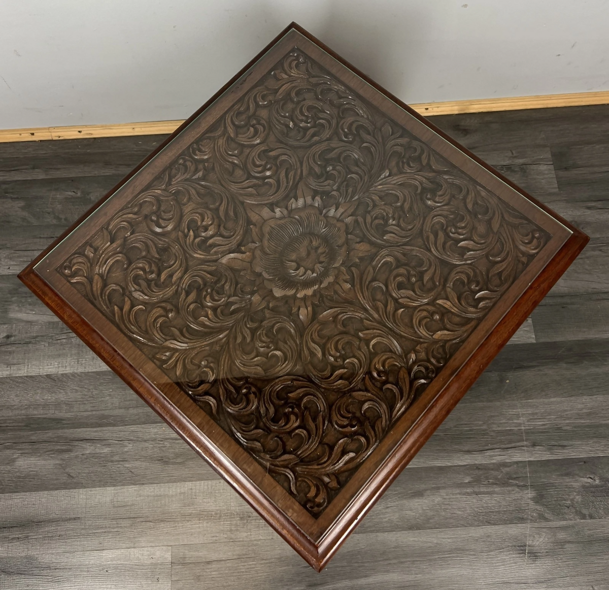 Plant Stand Chinese Mahogany Hand Carved Design Glass Top Coffee Table LOT 24327