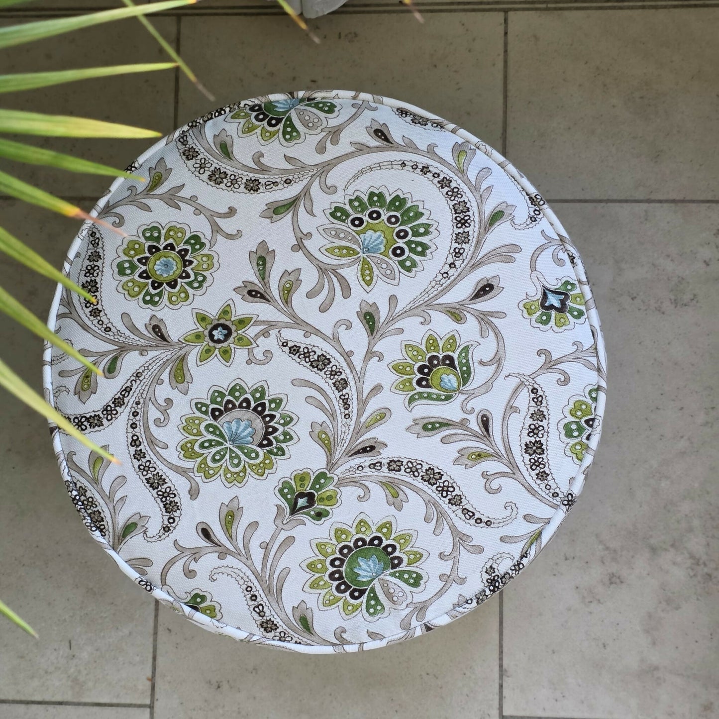 Footstool, Drum Style Stool, Indian Botanical Theme Newly Reupholstered in Nina Campbell Linen