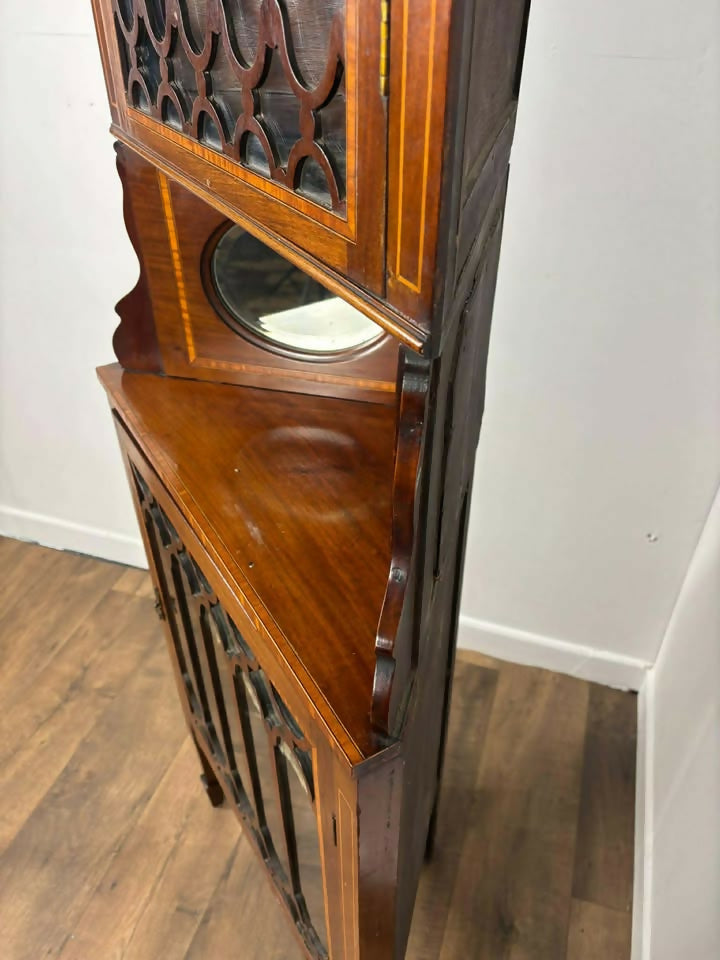 Edwardian Mahogany Inlaid Glass Fronted Corner Cabinet
