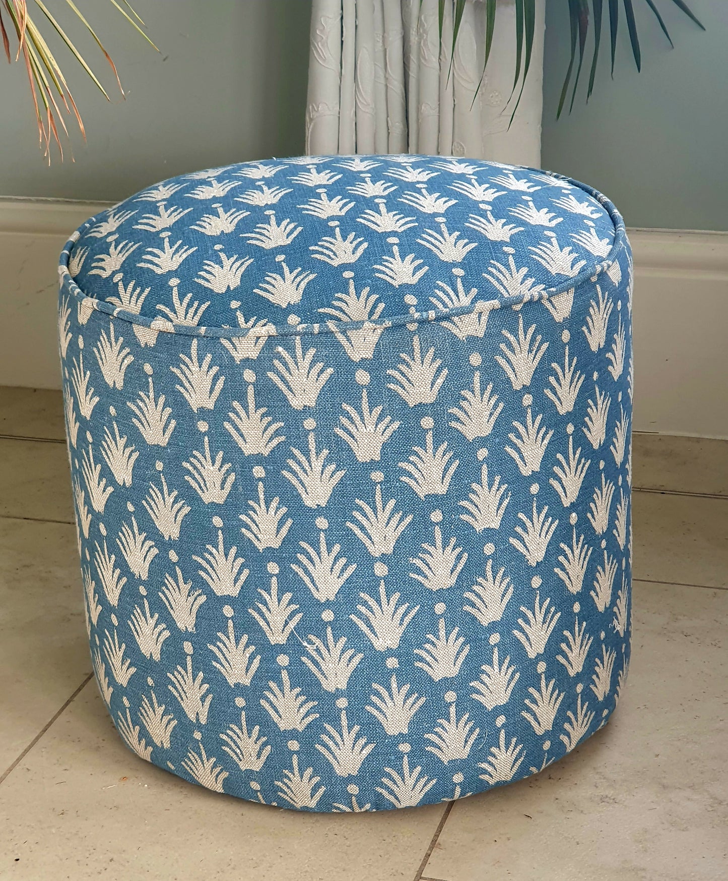 Circular Drum Stool / Ottoman. Newly Reupholstered in a Great Quality Belgium Linen