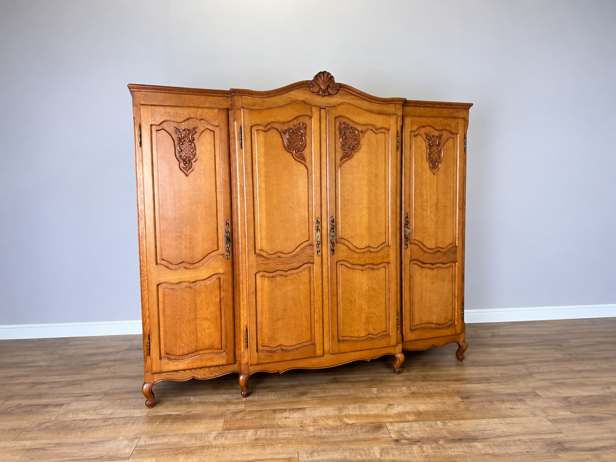 Wardrobe Vintage French Louis XVI Style Oak Four Door Carved Armoire LOT 6494