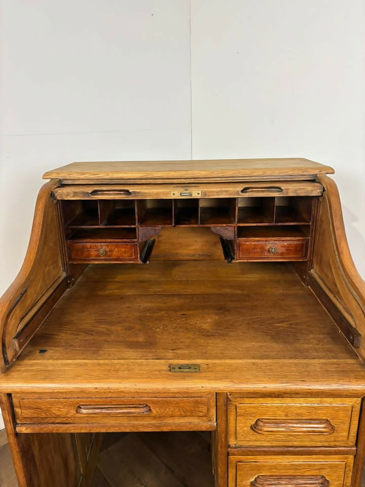 Edwardian Oak Small Roll Top Desk