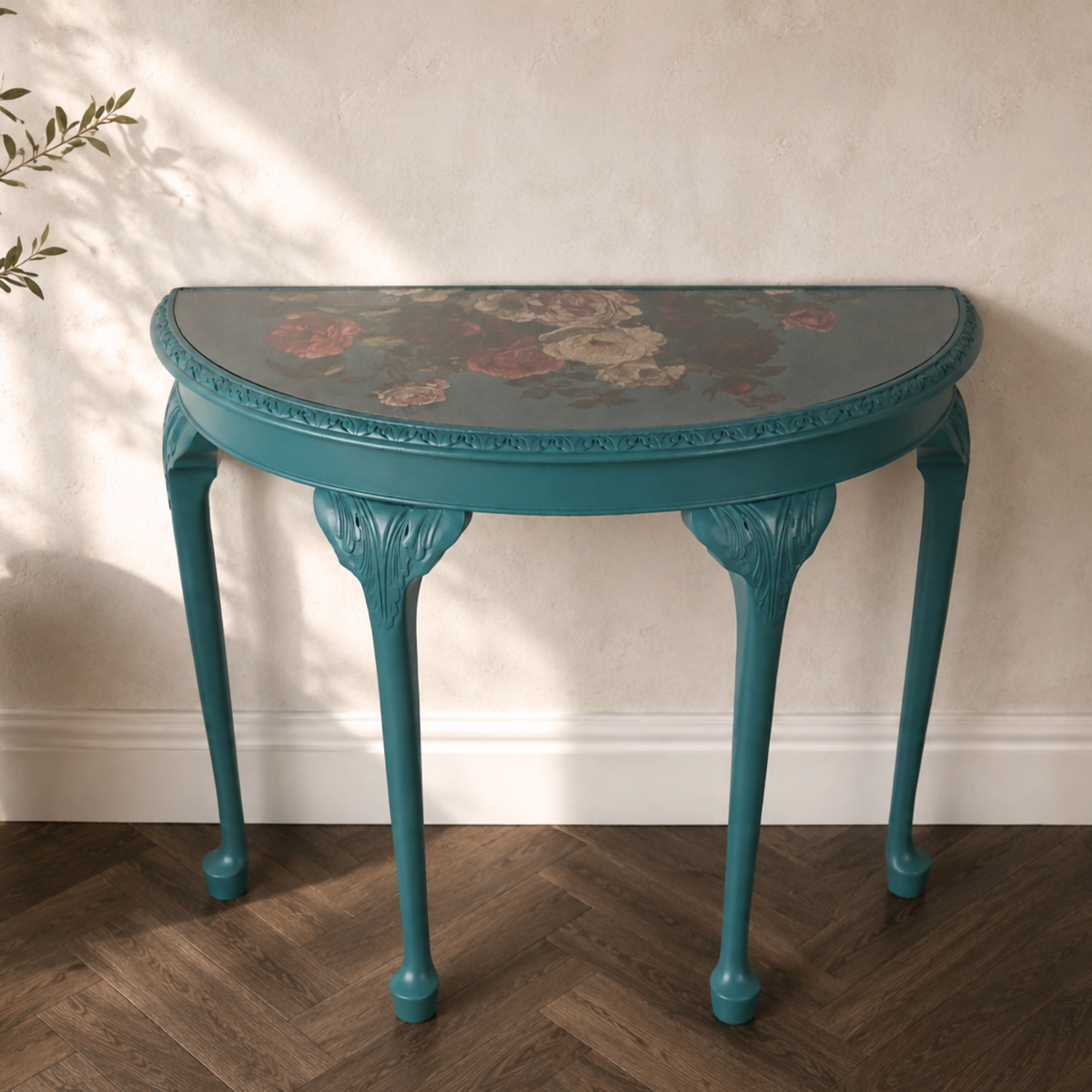 Large Teal Demi Lune Console Table | Upcycled Vintage Half Moon Hallway Table