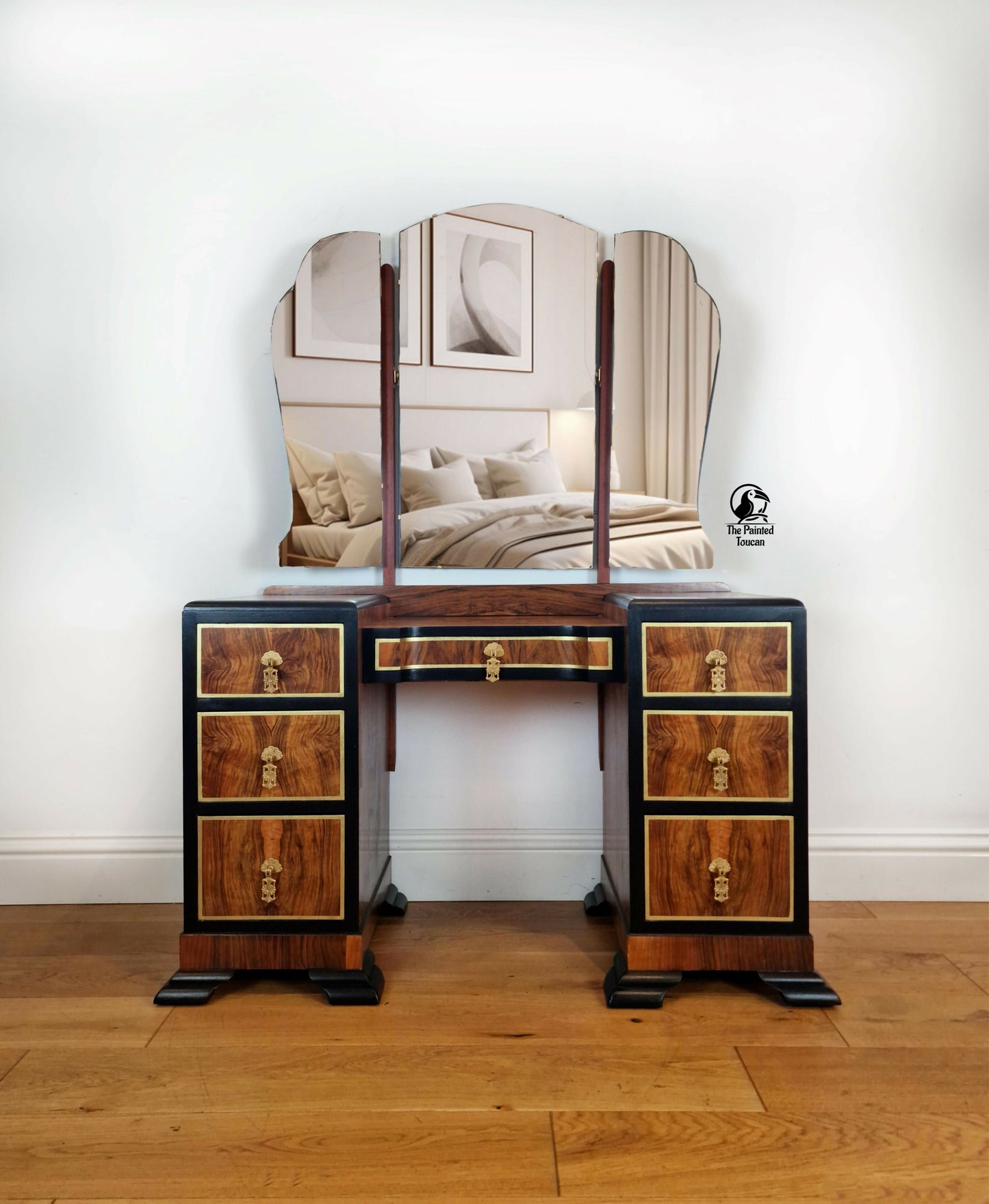 Restored 1940s Art Deco Burr Walnut Dressing Table - Black and Gold